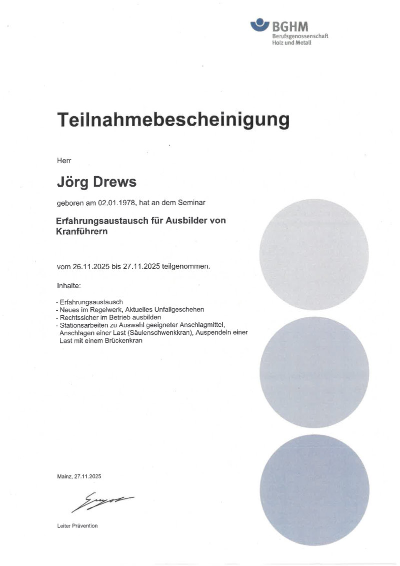 Zertifikat / Urkunde 1 – Jörg Drews, Handwerkbutler