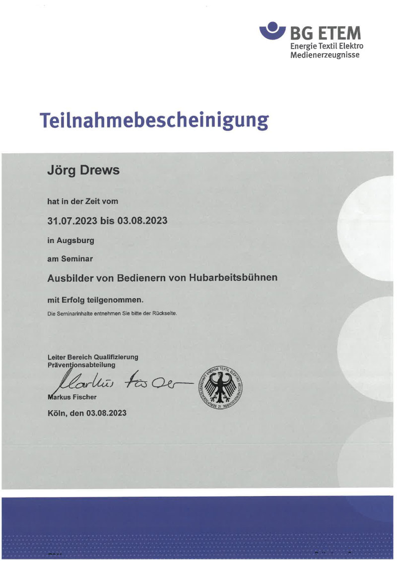 Zertifikat / Urkunde 10 – Jörg Drews, Handwerkbutler