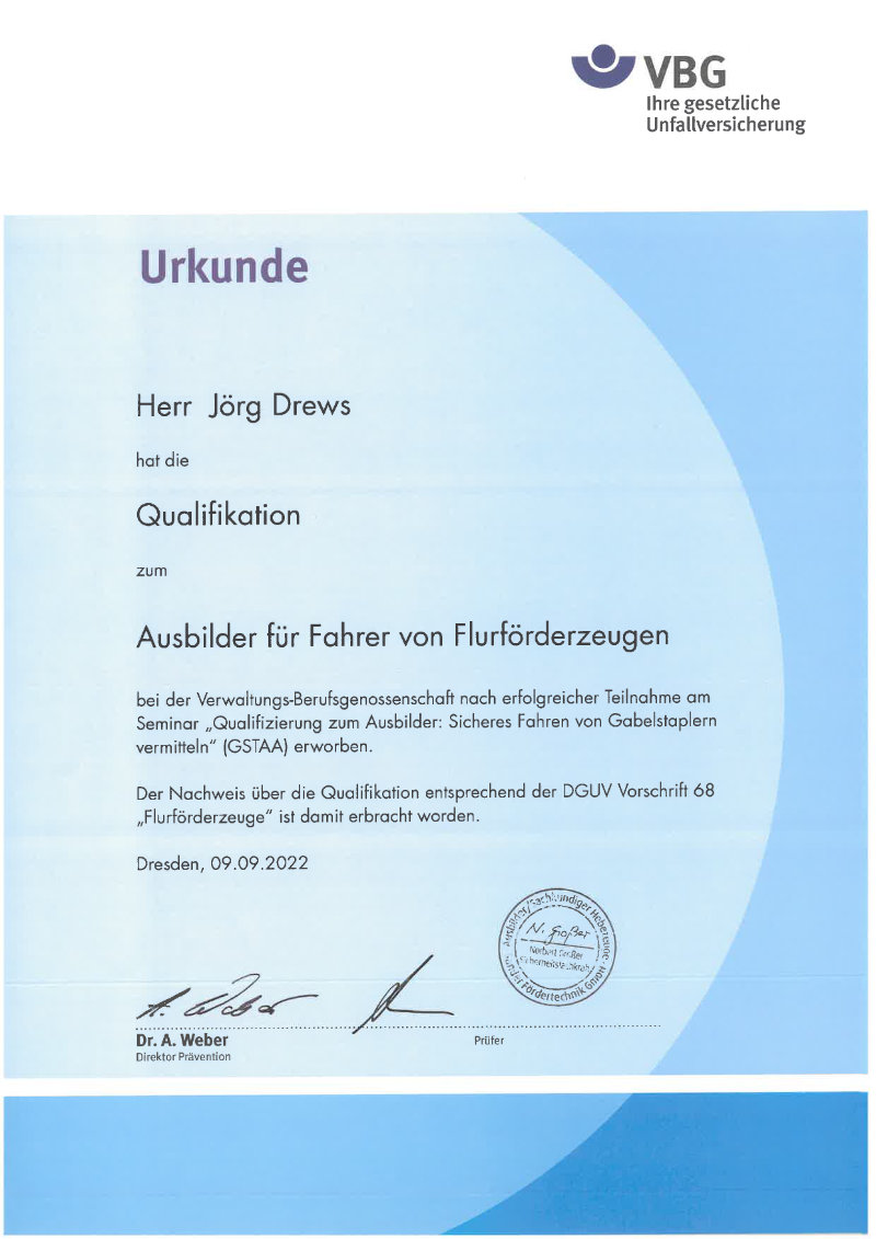 Zertifikat / Urkunde 11 – Jörg Drews, Handwerkbutler