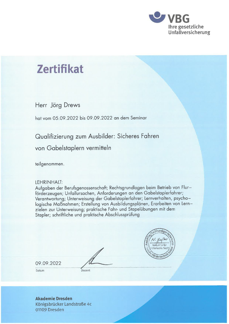 Zertifikat / Urkunde 12 – Jörg Drews, Handwerkbutler