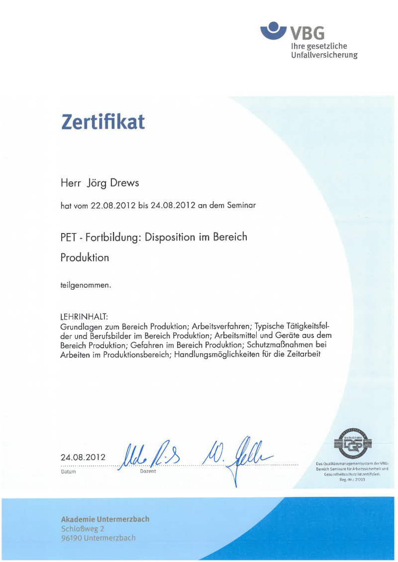 Zertifikat / Urkunde 15 – Jörg Drews, Handwerkbutler