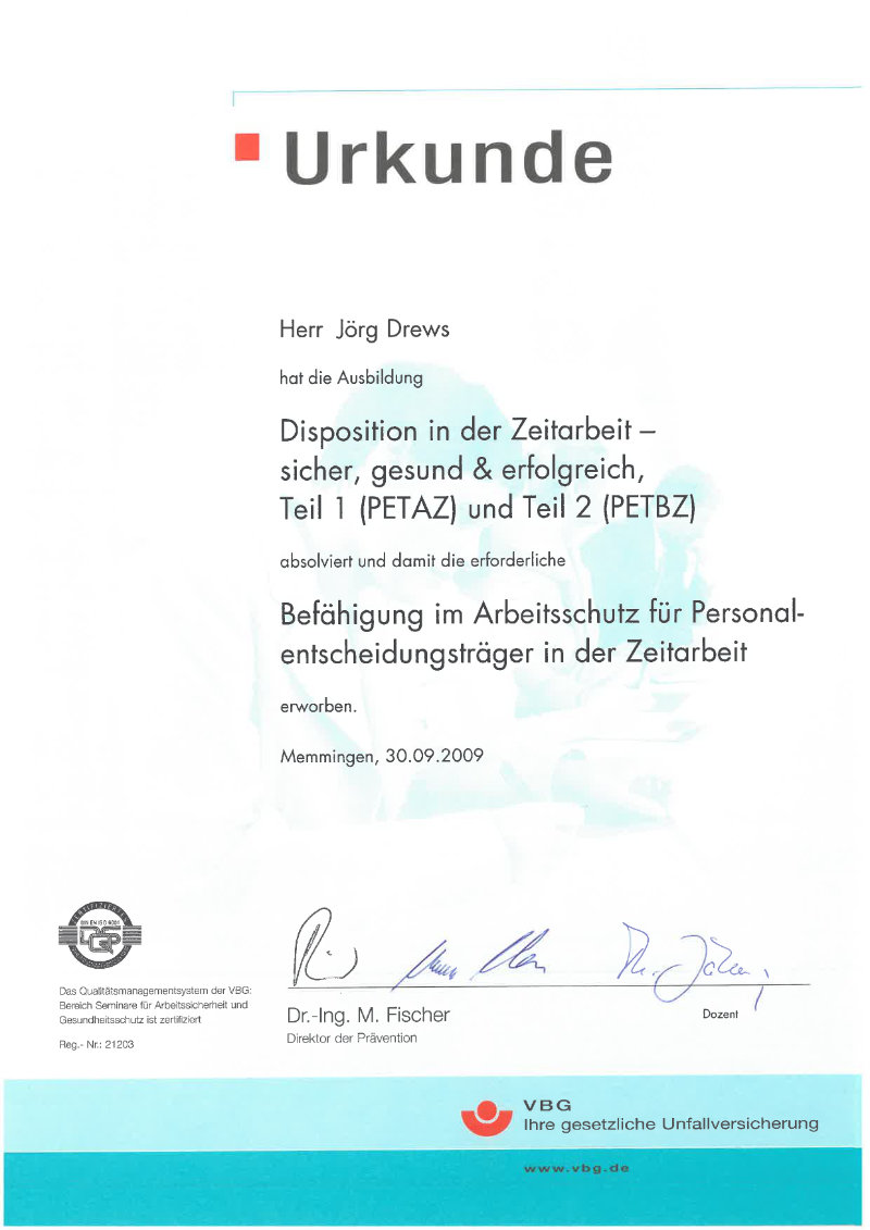 Zertifikat / Urkunde 17 – Jörg Drews, Handwerkbutler