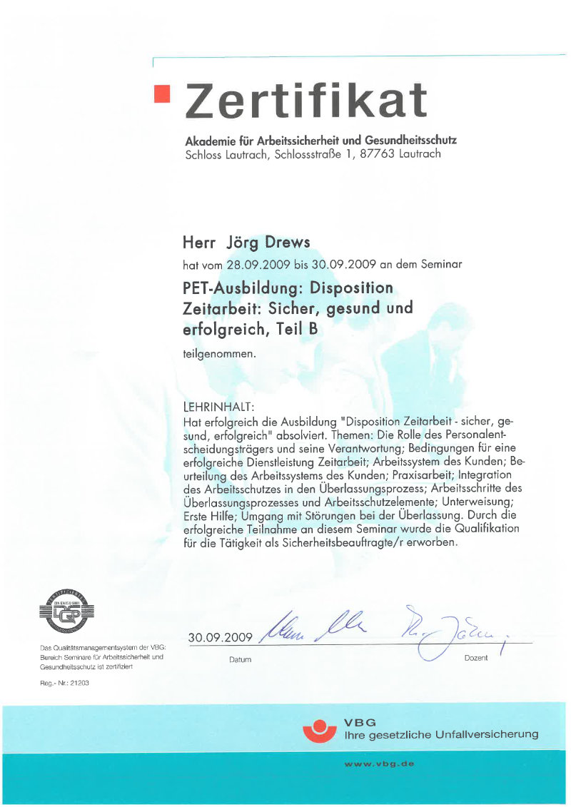 Zertifikat / Urkunde 18 – Jörg Drews, Handwerkbutler