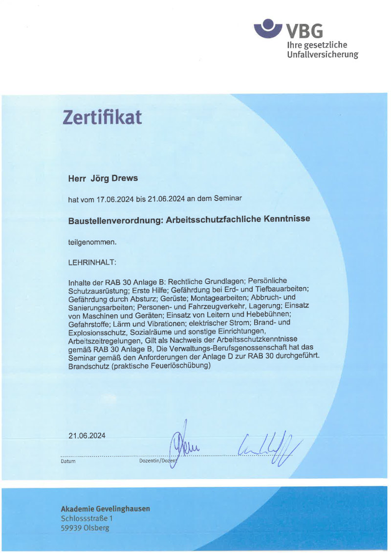Zertifikat / Urkunde 4 – Jörg Drews, Handwerkbutler