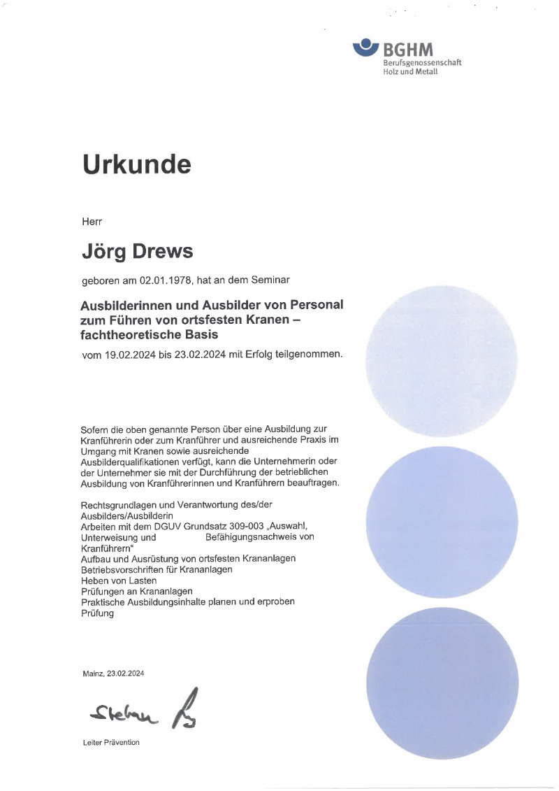 Zertifikat / Urkunde 7 – Jörg Drews, Handwerkbutler