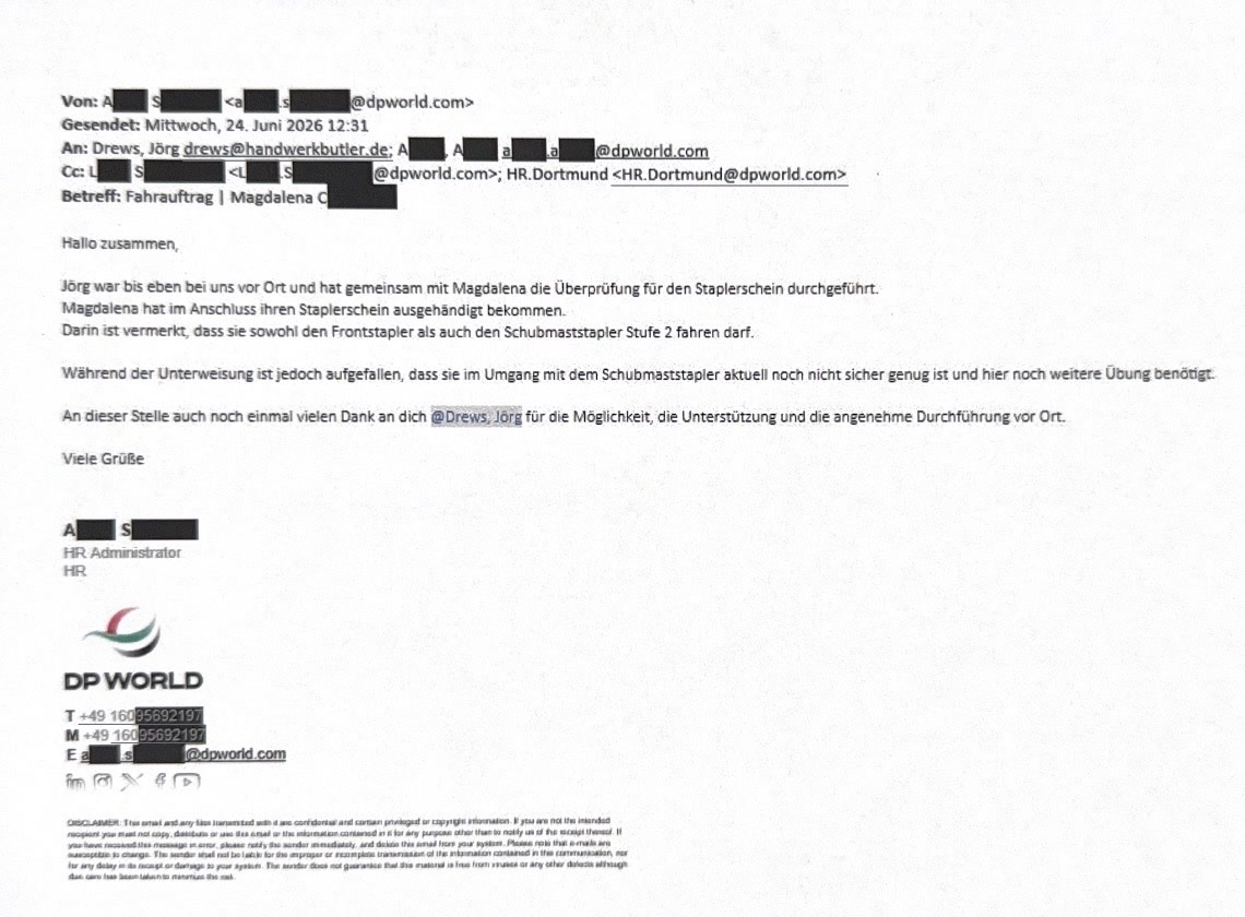 Original-E-Mail von DP World an Jörg Drews zum durchgeführten Staplerschein