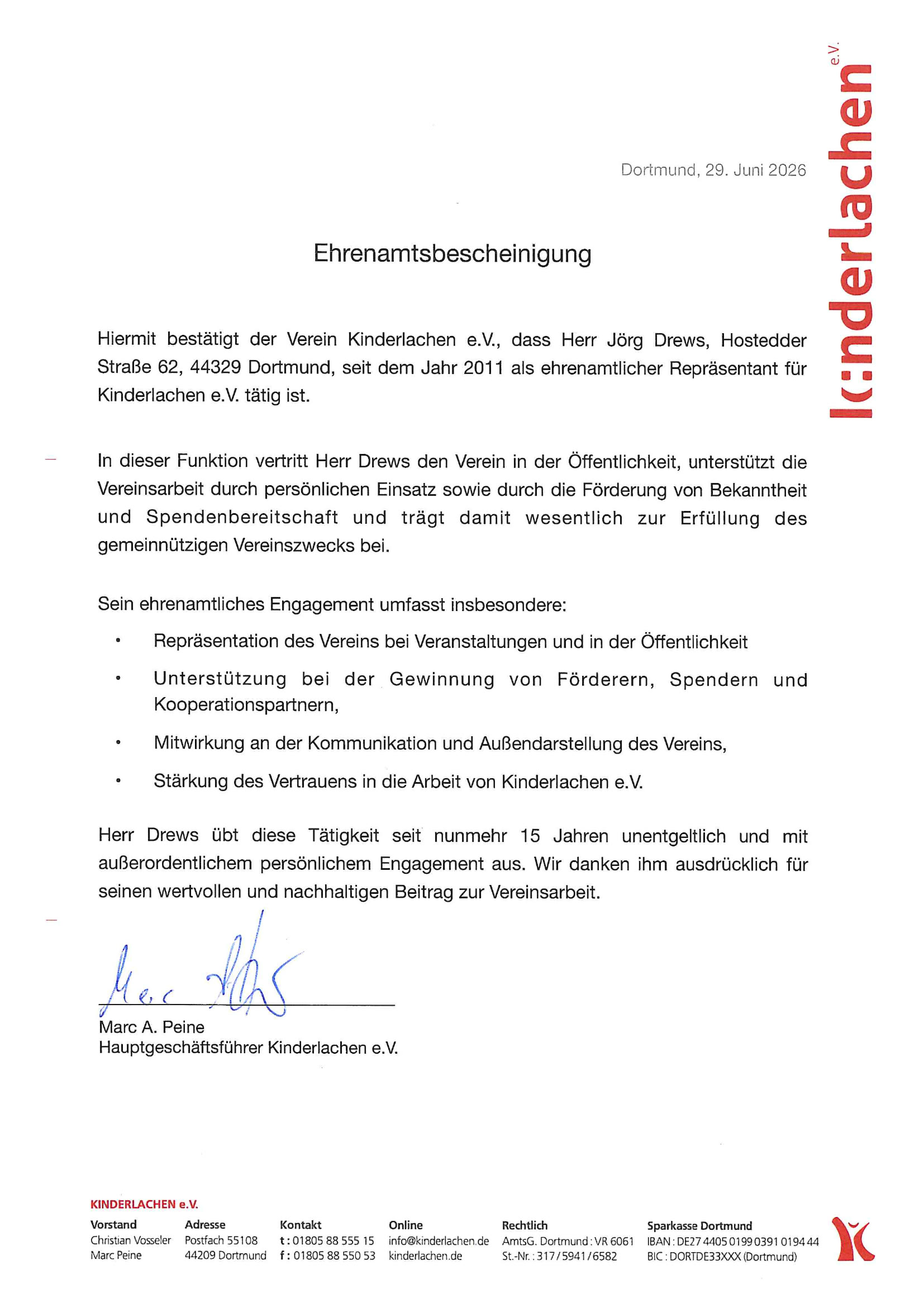 Ehrenamtsbescheinigung von Kinderlachen e.V. für Jörg Drews